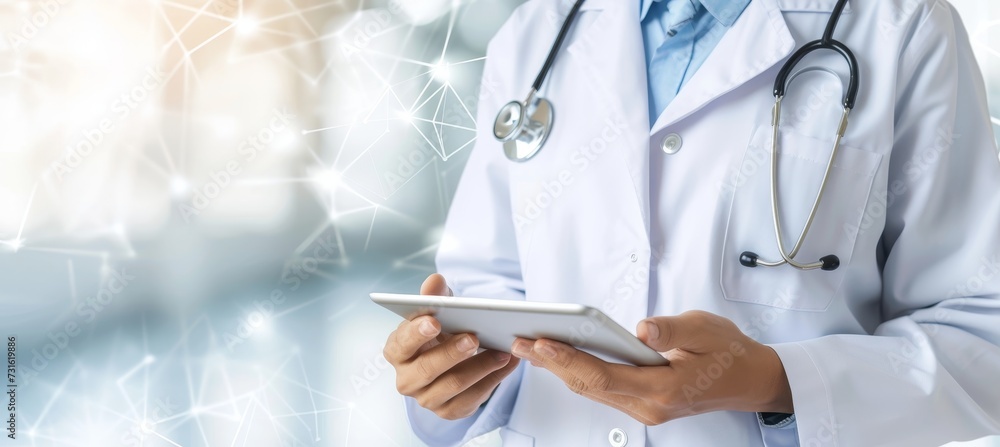 Doctor using tablet for medical records, dna and digital healthcare on virtual screen interface Doctor using tablet for medical records, dna and digital healthcare on virtual screen interface