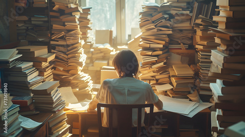 Photo of a person surrounded by towering stacks of books and papers at a desk