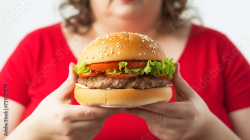 obese woman holding a hamburger