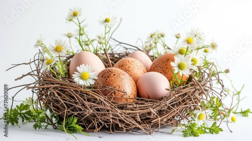 Easter eggs and spring flowers in a nest on a white background