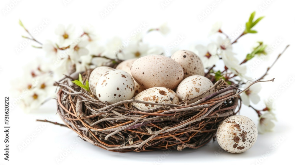 Easter eggs and spring flowers in a nest on a white background Easter eggs and spring flowers in a nest on a white background