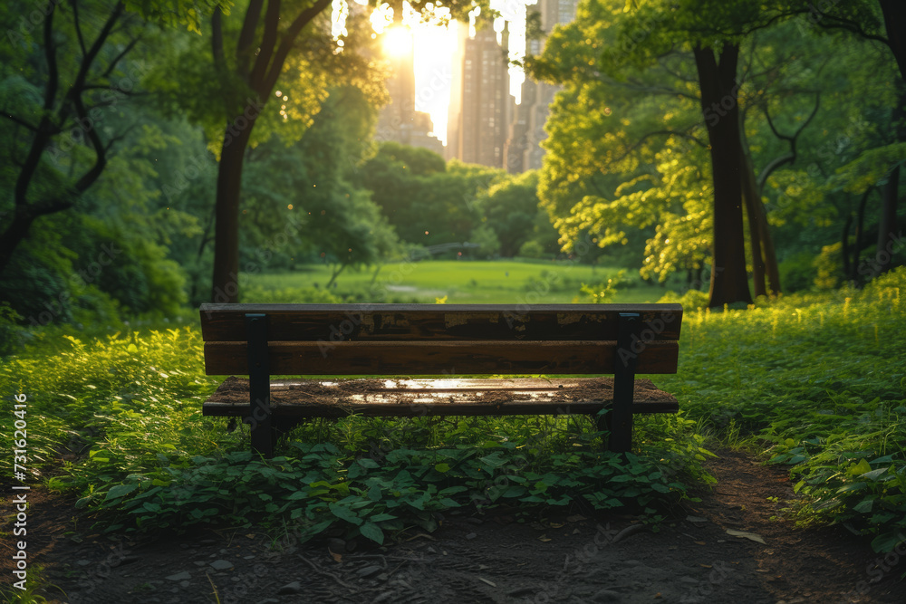 A minimalist shot of a city park in shades of emerald green, capturing the tranquility and lushness of urban green spaces. Concept of monochromatic city park scenes. Generative Ai.