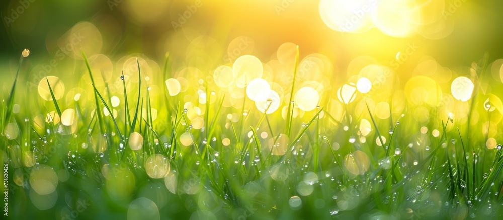 The sunlight illuminates the lush green grass in the field, creating a beautiful natural landscape.