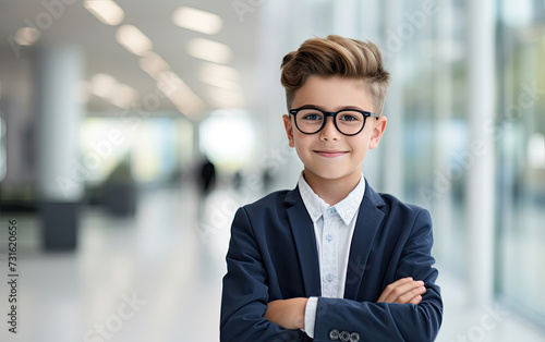 Smart young student in glasses and wearing formal school uniform standing confidently outdoors in modern public school building created with Generative AI Technology 