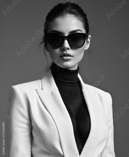 Sexy elegant black and white portrait of young beautiful woman in black deep v neck jacket and sunglasses 