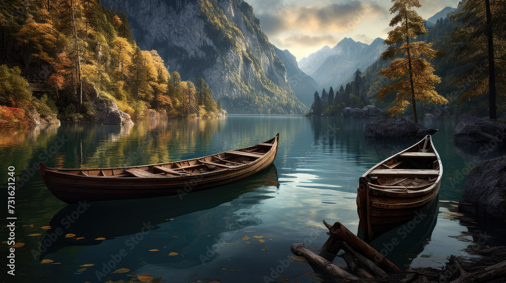 wooden boat sitting on the dock with in the calm lake water with misty mountains and forest in the background created with Generative AI Technology 