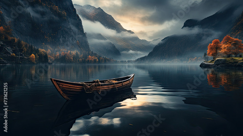 wooden boat sitting on the dock with in the calm lake water with misty mountains and forest in the background created with Generative AI Technology  photo