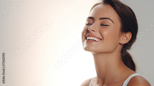 Beautiful smiling woman with glowing skin taking skin care products on her facial skin to make it shiny isolated on white background created with Generative AI Technology 