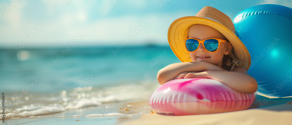 Fototapeta premium Sunny Beach Adventure: Young Girl with Bright Orange Sunglasses Relishing Summer Vacation by the Sea