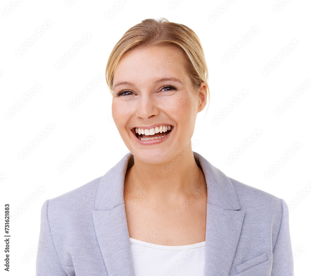 Portrait, smile and laughing with business woman in studio isolated on white background for comedy. Face, funny or humor with happy young professional employee having fun in suit for corporate career Portrait, smile and laughing with business woman in studio isolated on white background for comedy. Face, funny or humor with happy young professional employee having fun in suit for corporate career