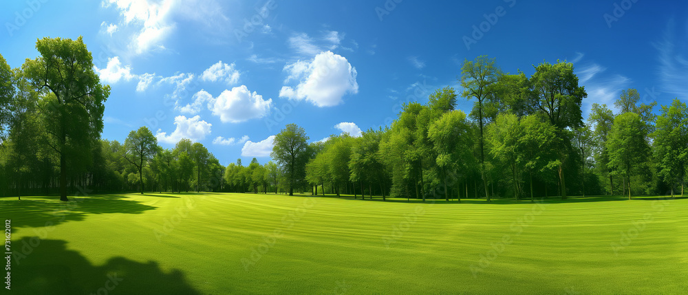 Obraz premium Vibrant Green Landscape under Blue Sky with Fluffy Clouds - A Peaceful Day in the Park with Lush Trees