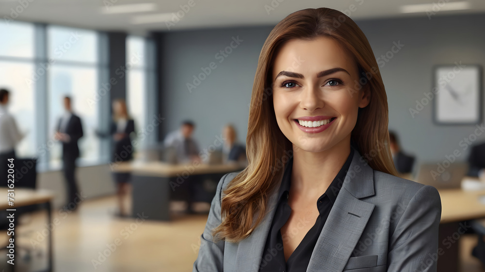 Professional female company staff smiling while looking at the camera, with a blurred office background Professional female company staff smiling while looking at the camera, with a blurred office background