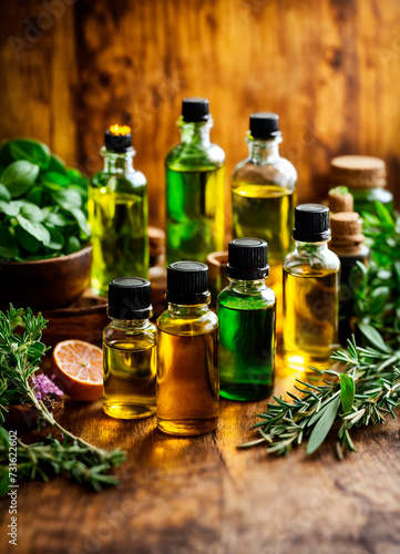 herbal essential oils in bottles. Selective focus.