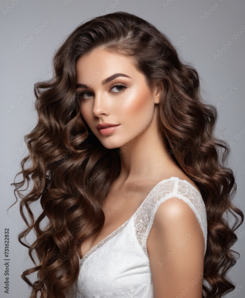 Brunette girl with long and shiny wavy hair. Advertise ready for hair products