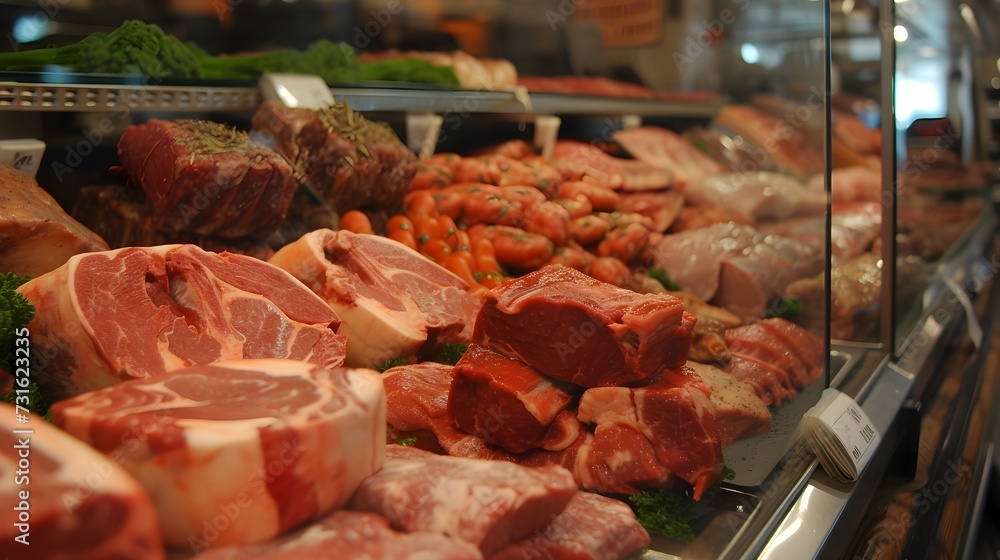 Obraz premium Assorted Fresh Meat Display at Butcher Shop
