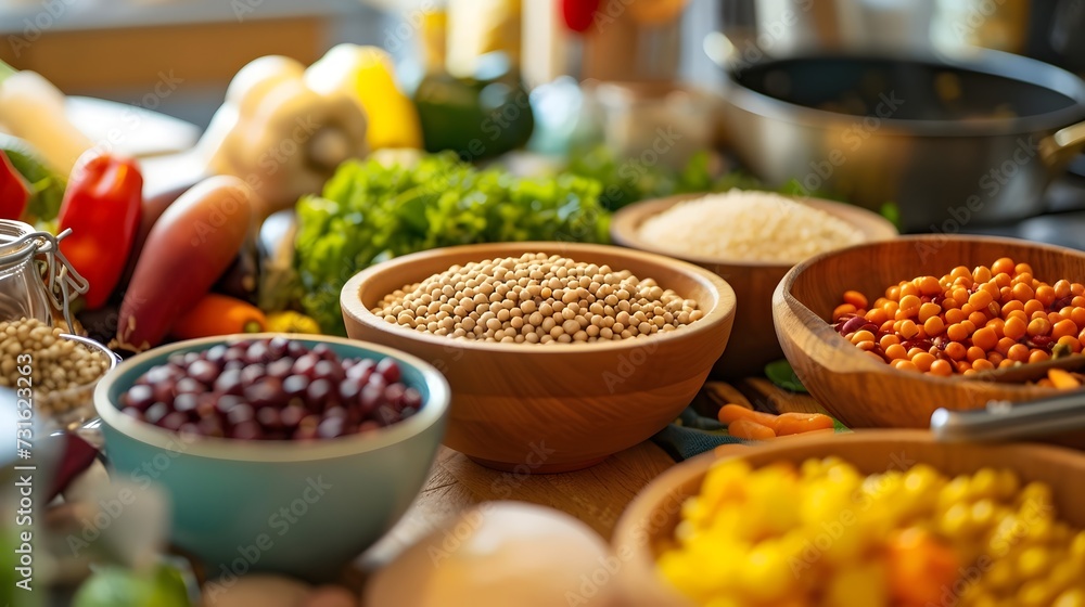 Assorted Legumes and Vegetables on Kitchen Counter Assorted Legumes and Vegetables on Kitchen Counter