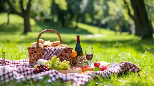 Fototapeta Naklejka Na Ścianę i Meble -  Summer Picnic in the Park with Wine and Fresh Food