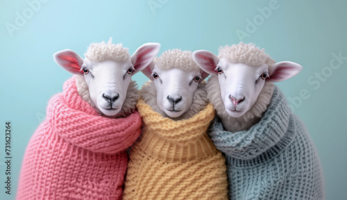 A close up portrait of three white sheep wearing a colorful woolen sweaters on a blue background. Domestic village animal in pastel clothes.