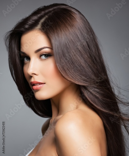 a woman with long brown hair posing for a picture advertising for hair products