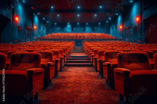 A photograph capturing the symmetrically aligned rows of chairs in a theater, highlighting the geometric precision and balanced layout of seating. Generative Ai.