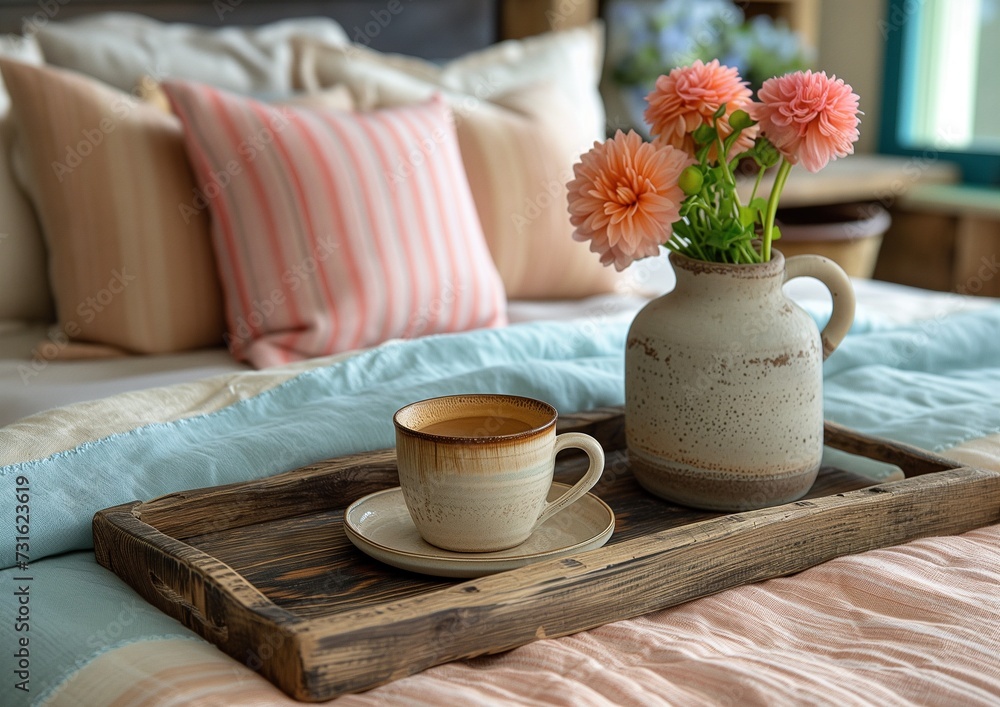 Fototapeta premium morning coffee in bed costal style