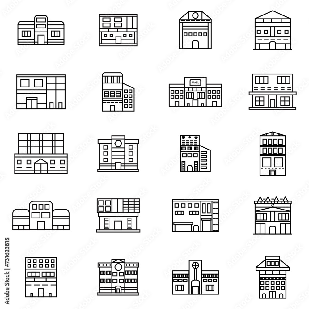 PrintBuildings line icon set. Bank, school, courthouse, university, library. Architecture concept. Can be used for topics like office, city, real estate