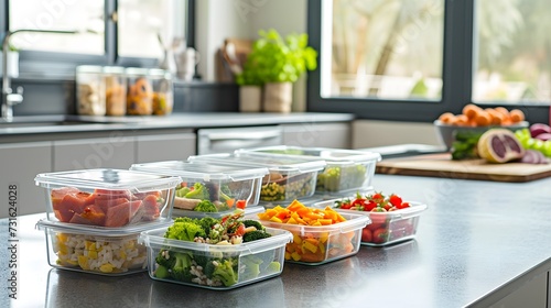 Meal Prep Containers with Fresh Cut Vegetables on Kitchen Counter