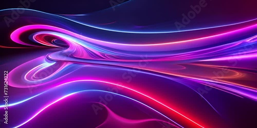 Abstract neon background. Fluorescent ines glowing in the dark room with floor reflection. Virtual dynamic ribbon. Fantastic panoramic wallpaper. Energy concept 4K video photo