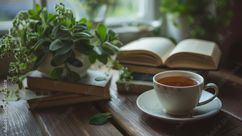 Fototapeta premium Cozy Reading Corner with Tea and Houseplants