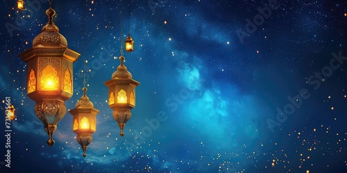 Golden Lanterns Celebration: Vibrant wallpaper featuring golden lanterns hanging against a deep blue sky, twinkling stars, with Ramadan Mubarak in flowing script