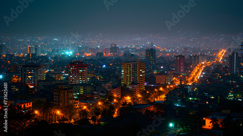 A bustling cityscape, with vibrant lights as the background, during a lively nightlife