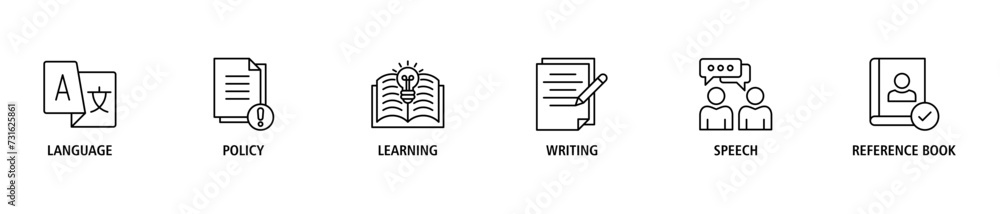 Grammar banner web icon set vector illustration concept for language education with icon of communication, policy, learning, writing, speech, and reference book - obrazy, fototapety, plakaty 