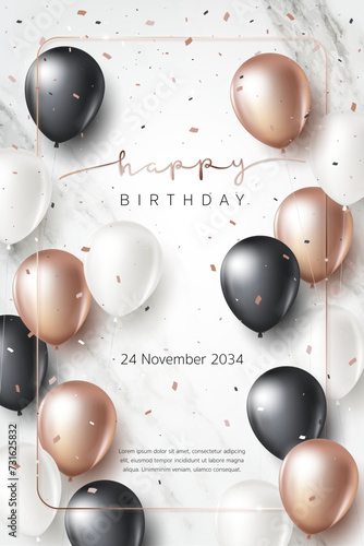 Happy birthday banner template. Birthday greeting card with 3D gold balloon, ribbon on marble background for luxury modern anniversary party event, celebration card, advertising. Vector Illustration
