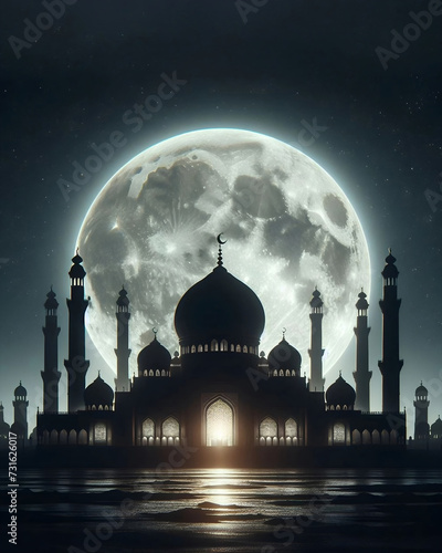 mosque with minaret under the full moon and blue night sky, islamic background design