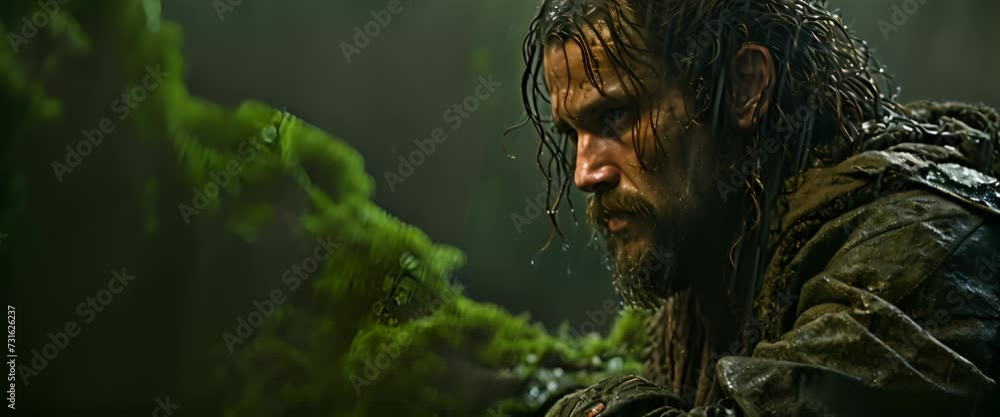 Determined medieval hunter with long wet hair and beard focusing on cathing his prey Determined medieval hunter with long wet hair and beard focusing on cathing his prey