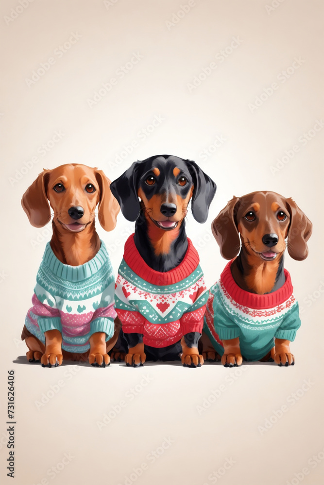 graphics of three cute  dachshunds in warm sweaters,