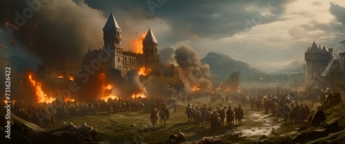Medieval armies battling in front of a burning castle photo