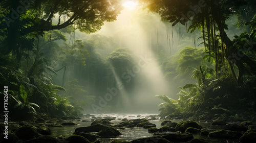 Forest jungle landscape with sun rays