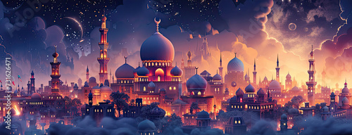 Arabian Night's Tale: An imaginative scene inspired by the tales of One Thousand and One Nights, magical carpets, genies' lamps, and ancient cities, with Magical Ramadan in enchanting lettering