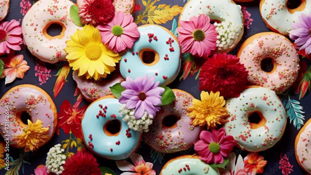 A pile of tasty donuts with a floral wallpaper background A pile of tasty donuts with a floral wallpaper background