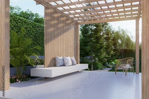 Fototapeta Naklejka Na Ścianę i Meble -  Modern contemporary style wooden pavilion with garden view 3d render, there are polished concrete floor, white terrazzo bench, wooden structure and transparent glass roof