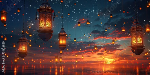 Ramadan Lanterns and Stars: A cascade of traditional Ramadan lanterns and twinkling stars set against a twilight sky, creating a festive and welcoming atmosphere with Warm Ramadan Greetings