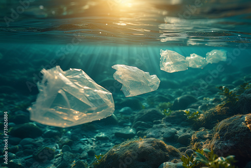 Guardians of the oceans campaigning against plastic pollution, urging individuals and businesses to adopt sustainable packaging. Concept of ocean plastic reduction. Generative Ai.