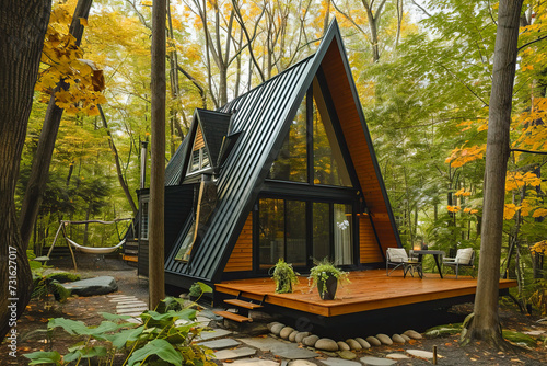  Small wooden a-frame house or cabin in a pine forest for recreation, camping in the forest, barbecue in nature