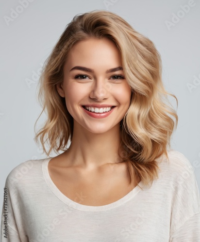 Pretty smiling joyfully female with fair hair  dressed casually  looking with satisfaction at camera
