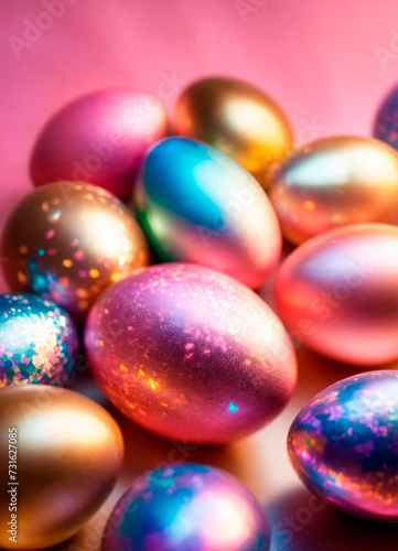 holographic Easter eggs on a shiny background. Selective focus.