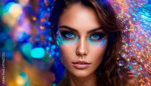 shiny multi-colored makeup on a woman's face. Selective focus.