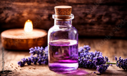 lavender essential oil in bottles. Selective focus.