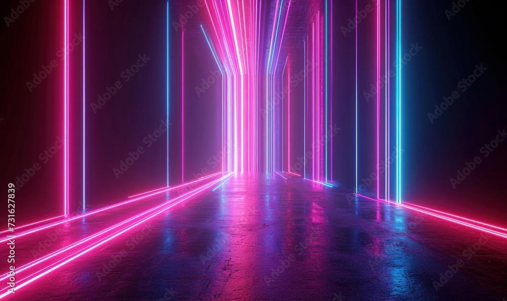 3d rendering, abstract neon background with ascending pink and blue glowing lines. Fantastic wallpaper with colorful laser rays, Generative AI