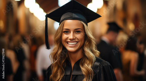 Graduate girl with master degree in black graduation robe and cap happy young woman careerist have success in her business.